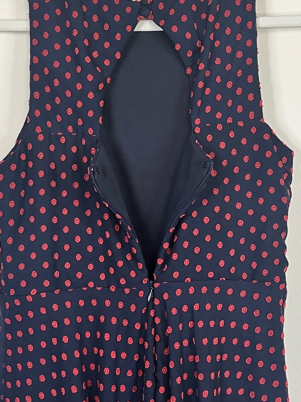 Eva Franco Anthropologie Maryann Navy Red Clip Dot Sleeveless Dress 8 Ruffle - Picture 9 of 14